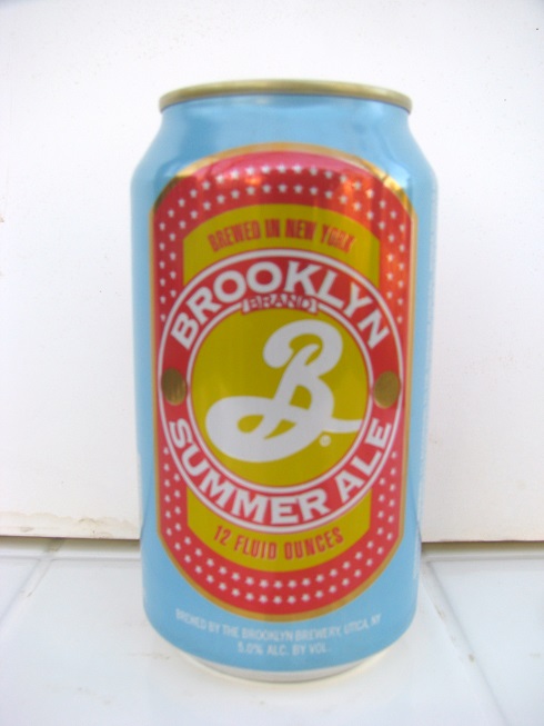 Brooklyn Summer Ale - light blue, red, & yellow - white 'B'